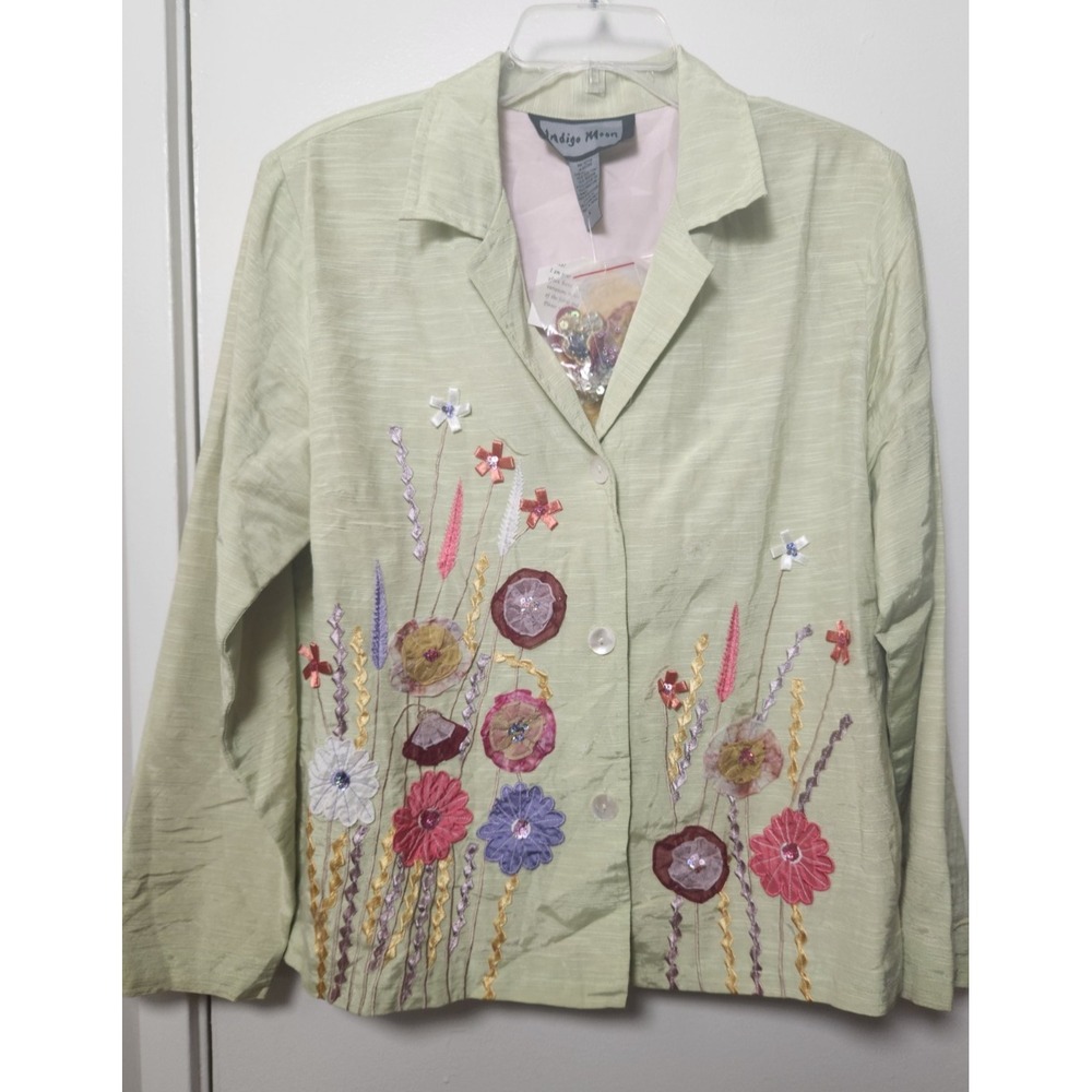 Indigo Moon NWT Lrg Pastel Green Blazer Jacket Floral Applique Embellished Lined